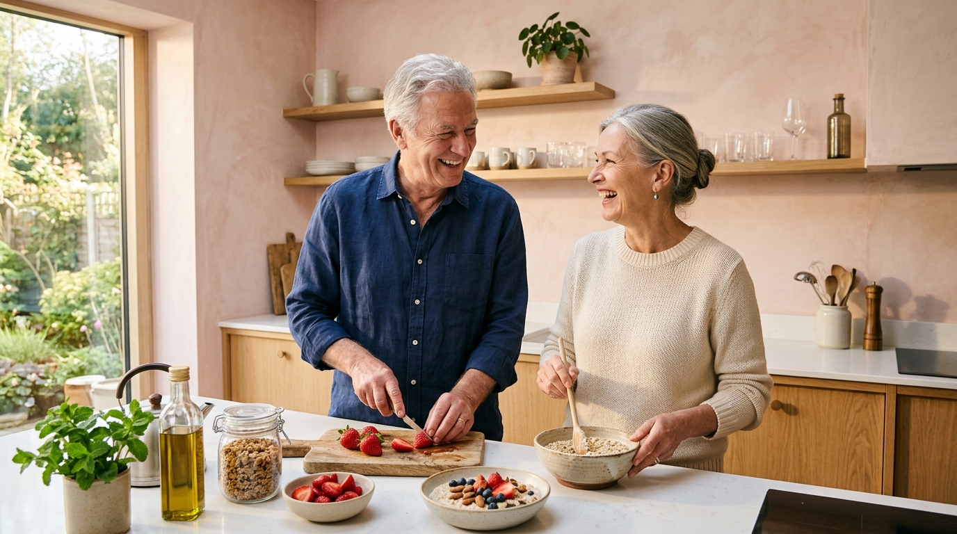 Elderly couple preparing healthy food