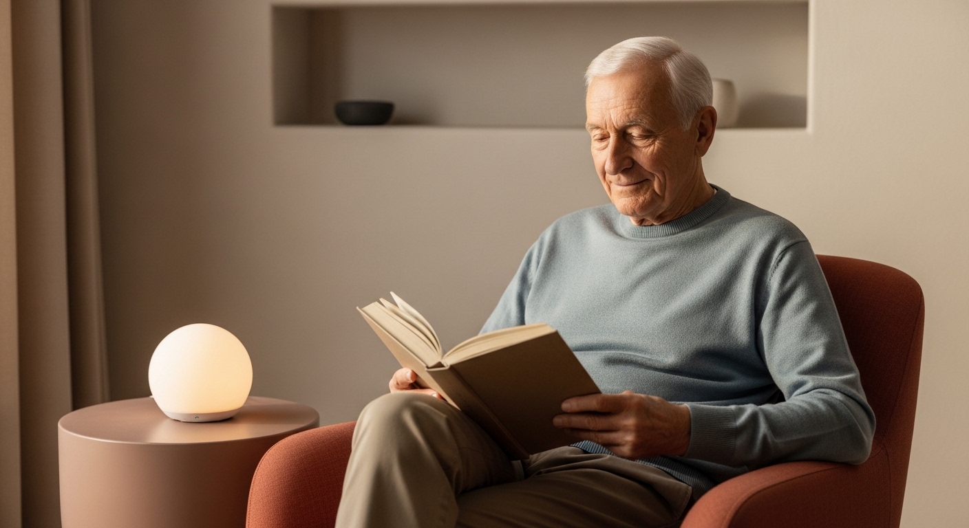 Elderly man relaxing with ambient tech